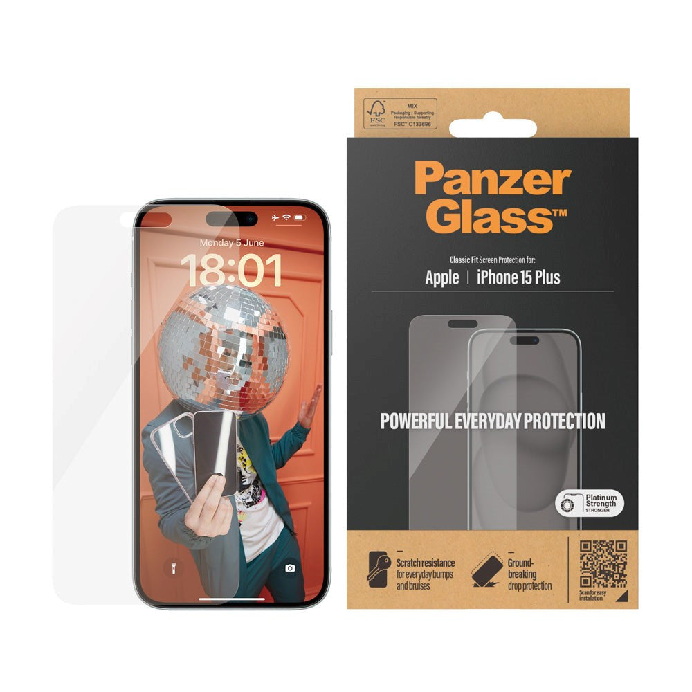iPhone 15 Plus / 16 Plus PanzerGlass Classic Fit Beskyttelsesglas - Platinum Strength - Gennemsigtig