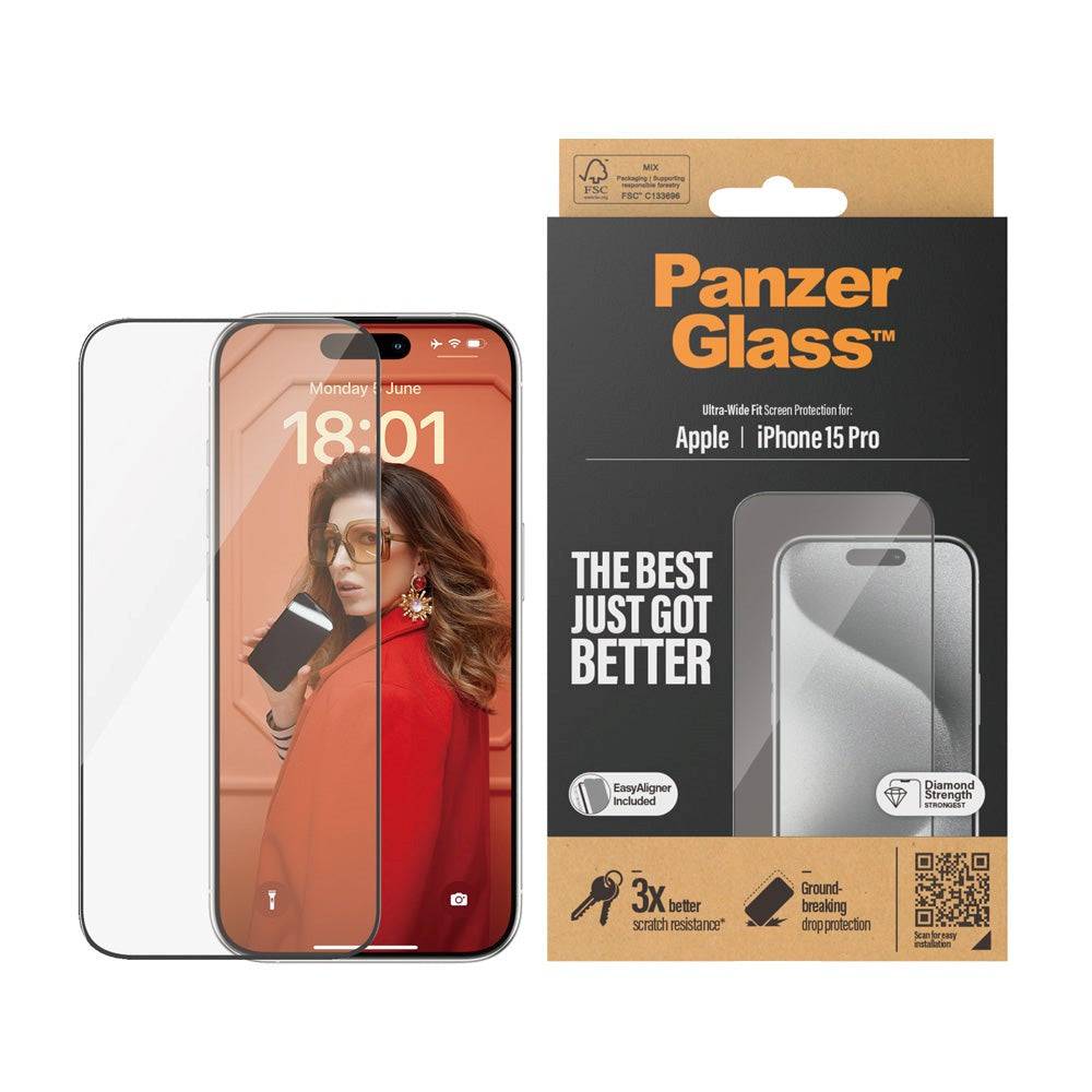 iPhone 15 Pro PanzerGlass Ultra Wide Fit Beskyttelsesglas m. EasyAligner - Diamond Strength - Gennemsigtig