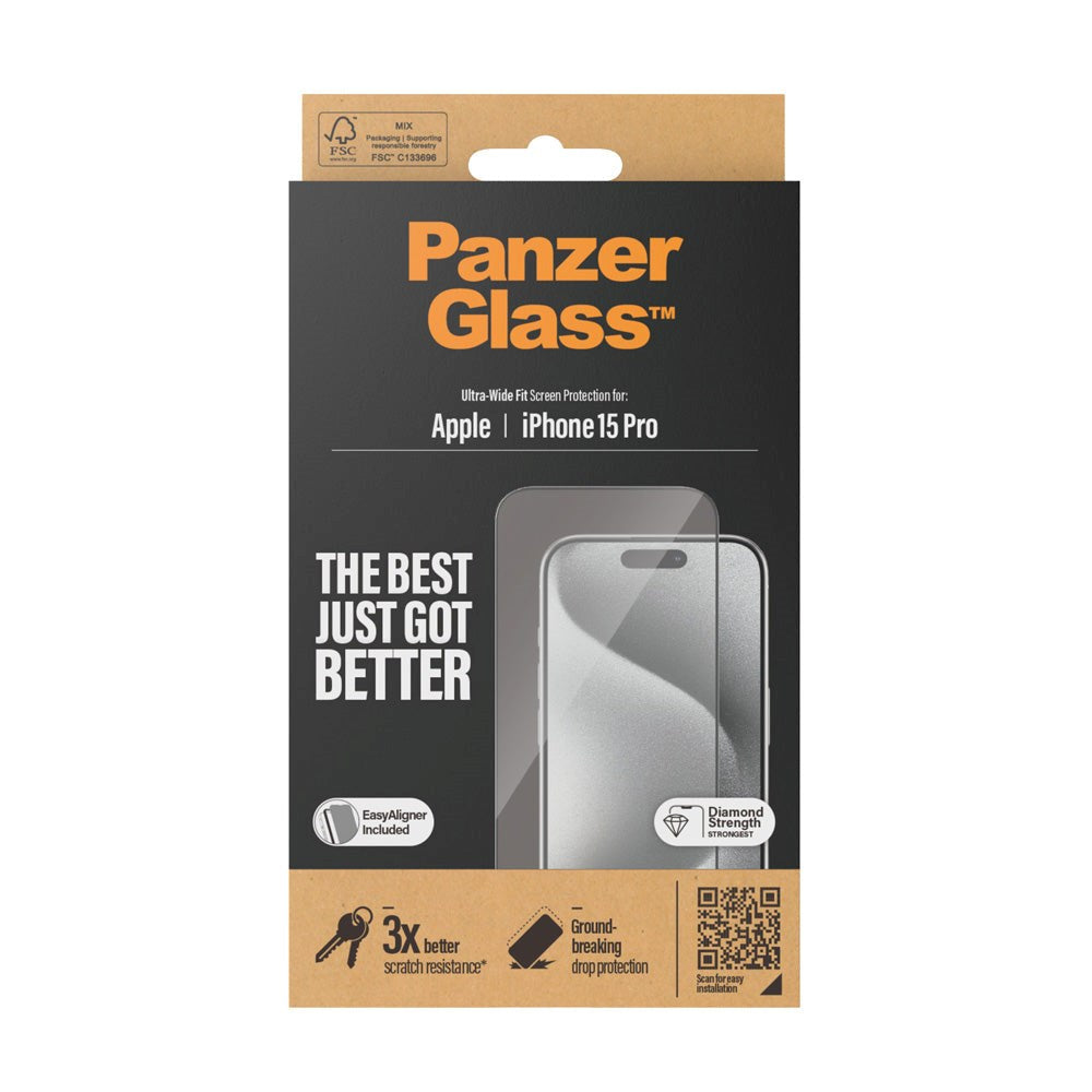 iPhone 15 Pro PanzerGlass Ultra Wide Fit Beskyttelsesglas m. EasyAligner - Diamond Strength - Gennemsigtig