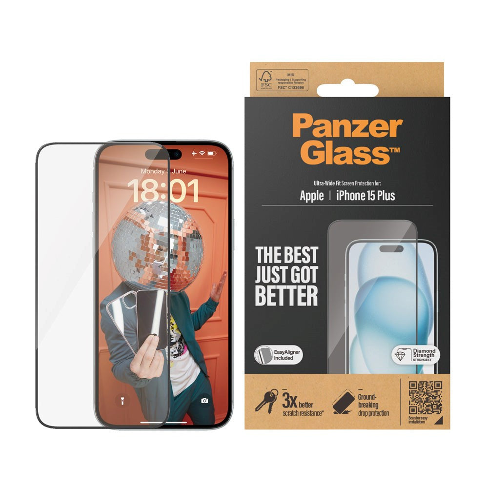 iPhone 15 Plus / 16 Plus PanzerGlass Ultra Wide Fit Beskyttelsesglas m. EasyAligner - Diamond Strength - Gennemsigtig / Sort Kant