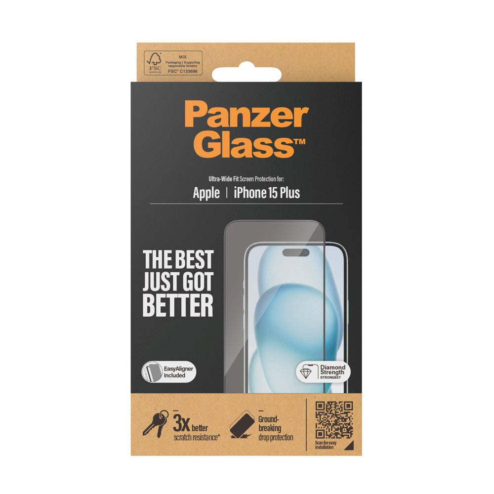 iPhone 15 Plus / 16 Plus PanzerGlass Ultra Wide Fit Beskyttelsesglas m. EasyAligner - Diamond Strength - Gennemsigtig / Sort Kant