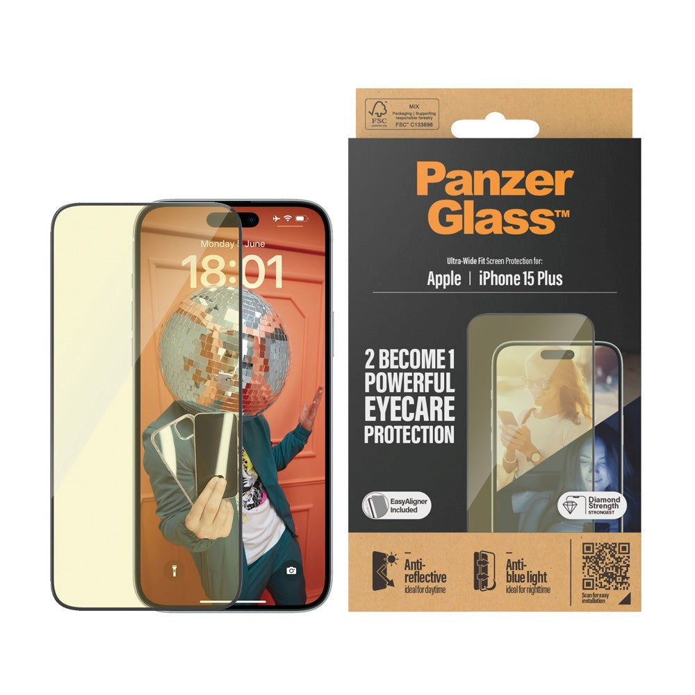 iPhone 15 Plus / 16 Plus PanzerGlass Ultra Wide Fit Beskyttelsesglas m. EasyAligner - Anti-Reflective - Anti-Blue Light - Diamond Strength - Gennemsigtig / Sort Kant
