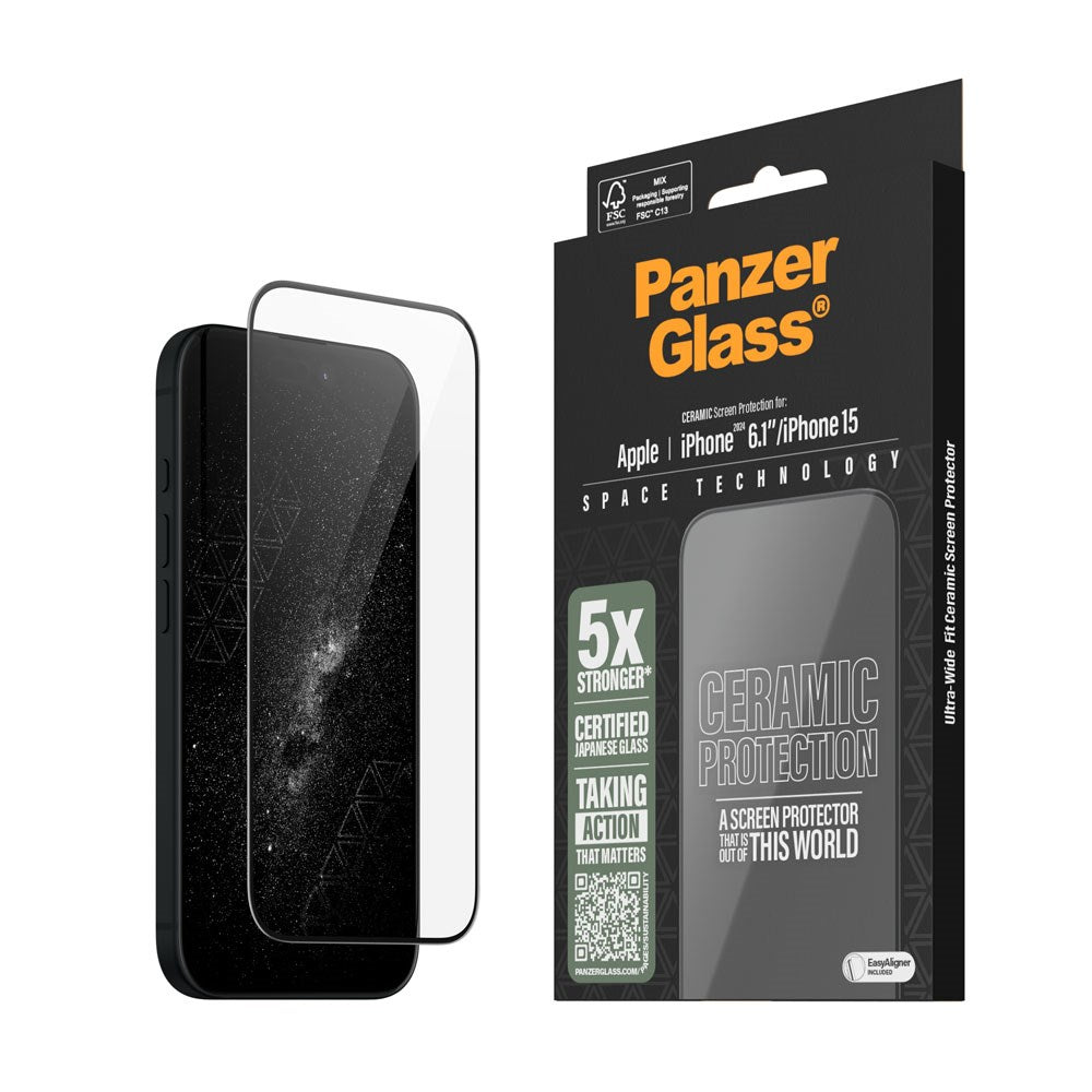iPhone 15 / 16 PanzerGlass Ultra Wide Fit Ceramic Beskyttelsesglas m. EasyAligner - Sort Kant