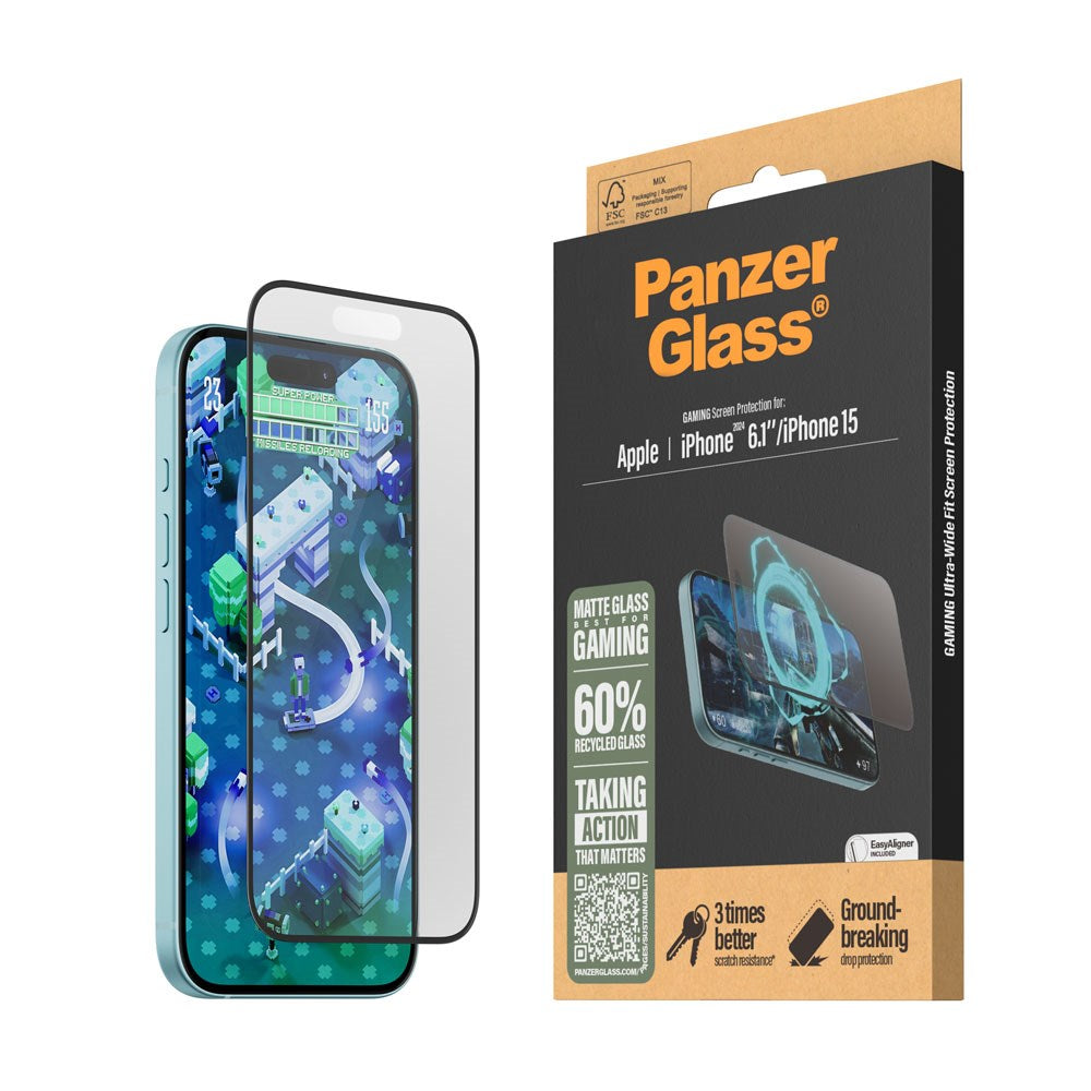 iPhone 15 / 16 PanzerGlass Ultra Wide Fit Beskyttelsesglas m. EasyAligner - Anti-Reflective - Diamond Strength - Gennemsigtig / Sort Kant