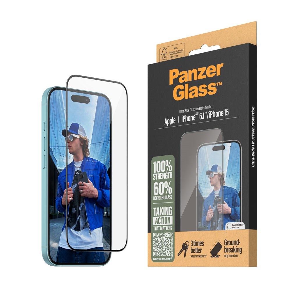 iPhone 15 / 16 PanzerGlass Ultra Wide Fit Beskyttelsesglas m. EasyAligner - Diamond Strength - Gennemsigtig / Sort Kant