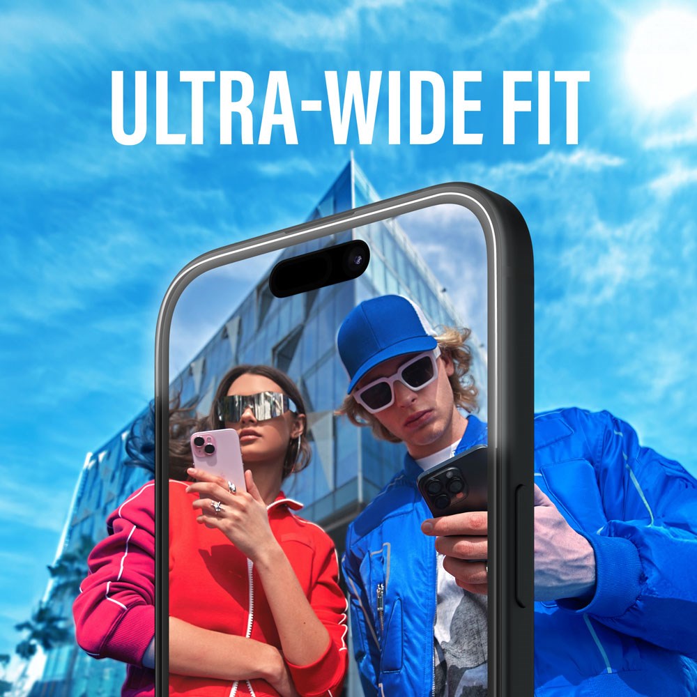 iPhone 15 / 16 PanzerGlass Ultra Wide Fit Beskyttelsesglas m. EasyAligner - Diamond Strength - Gennemsigtig / Sort Kant
