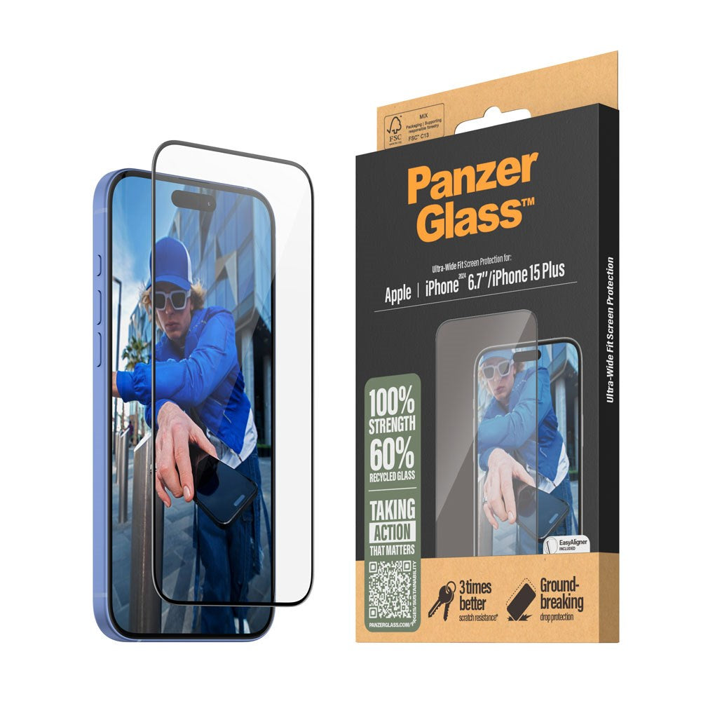 iPhone 15 Plus / 16 Plus PanzerGlass Ultra Wide Fit Beskyttelsesglas m. EasyAligner - Diamond Strength - Gennemsigtig / Sort Kant
