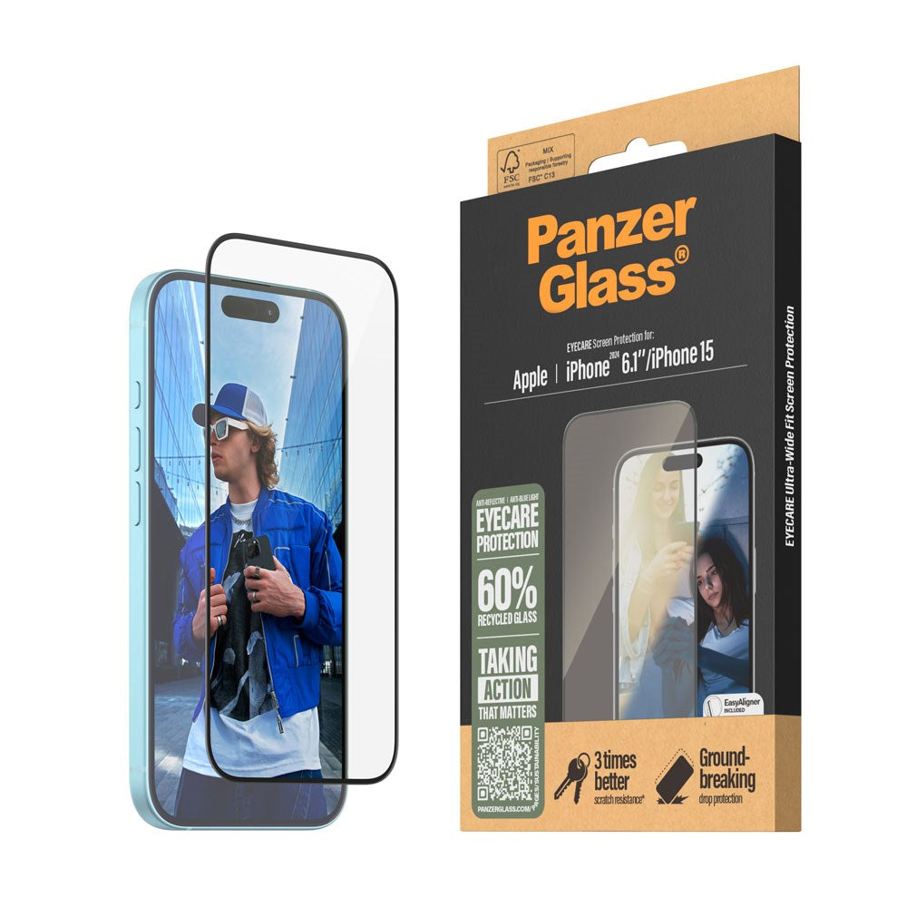 iPhone 15 / 16 PanzerGlass Ultra Wide Fit Beskyttelsesglas m. EasyAligner - EyeCare - Diamond Strength - Gennemsigtig / Sort Kant
