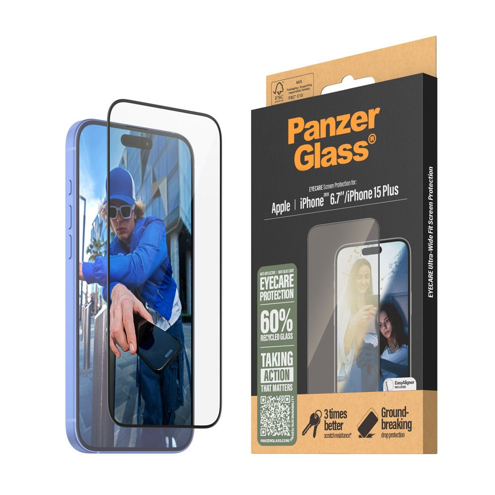 iPhone 15 Plus / 16 Plus PanzerGlass Ultra Wide Fit Beskyttelsesglas m. EasyAligner - EyeCare - Diamond Strength - Gennemsigtig / Sort Kant