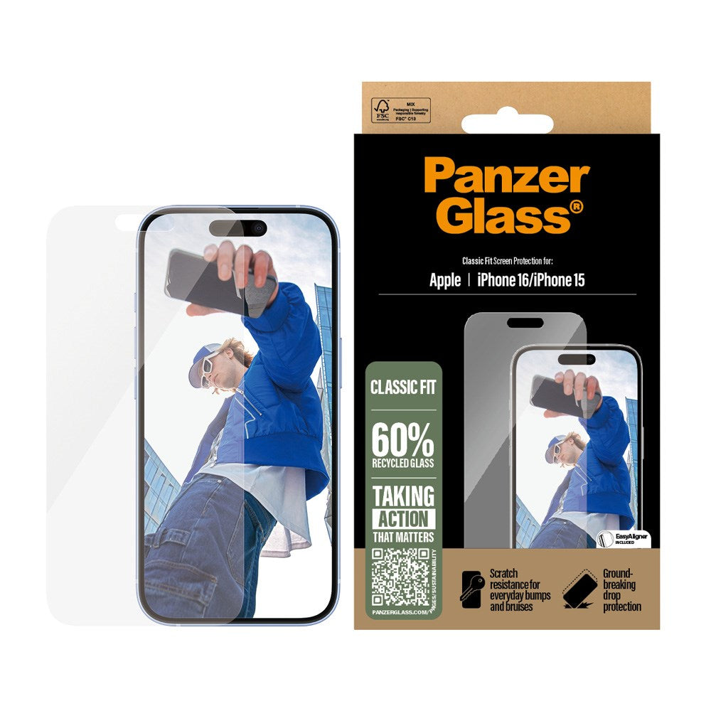 iPhone 15 / 16 PanzerGlass Classic Fit Beskyttelsesglas m. EasyAligner - Platinum Strength - Gennemsigtig