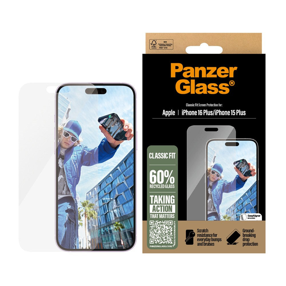 iPhone 15 Plus / 16 Plus PanzerGlass Classic Fit Beskyttelsesglas m. EasyAligner - Platinum Strength - Gennemsigtig