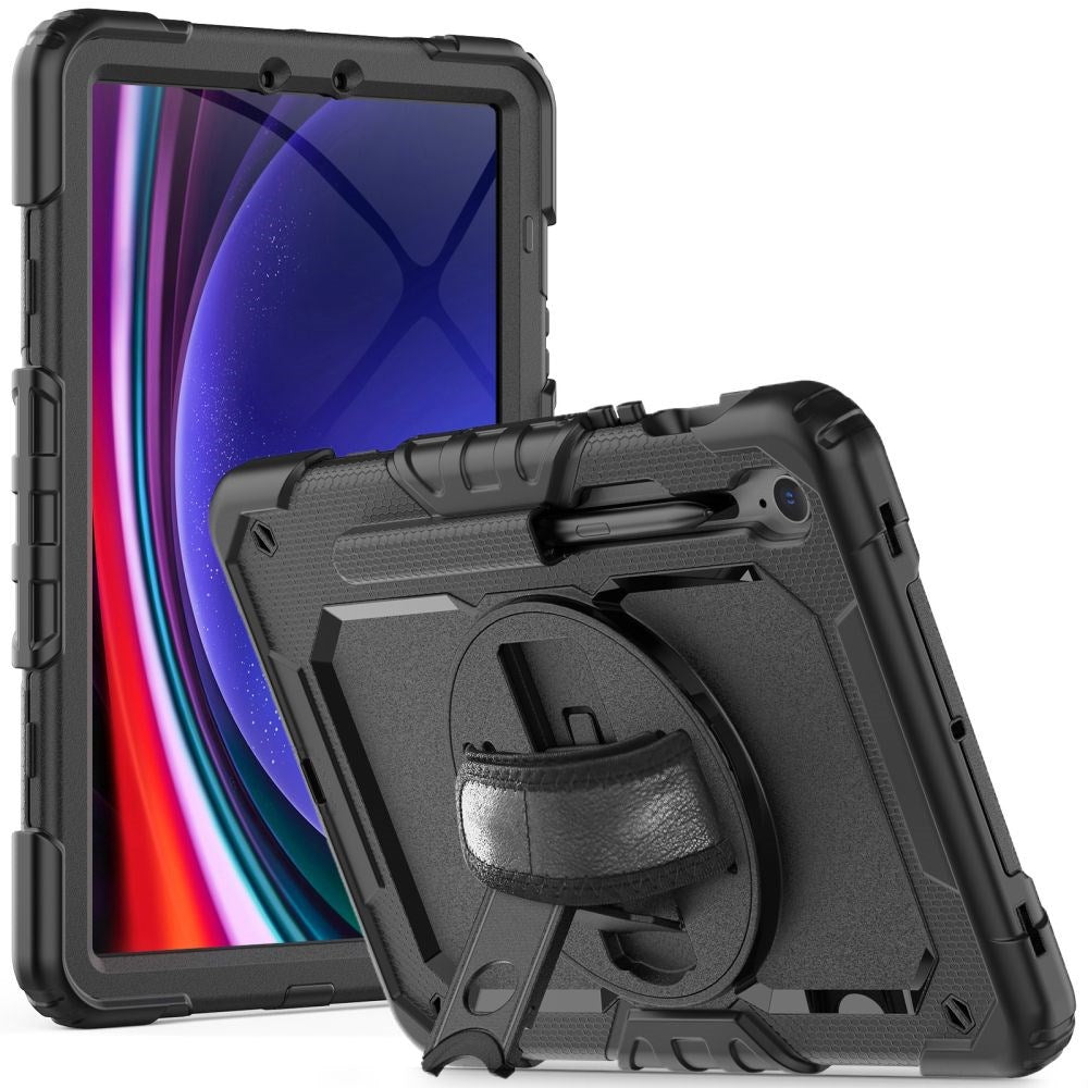 Samsung Galaxy Tab S10 FE / S9 FE Håndværker Cover m. Beskyttelsesfilm, Håndholder & Skulderstrop - Tech-Protect Solid360 - Sort