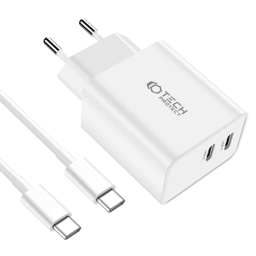 Tech-Protect 35W Vægoplader m. 2 x USB-C & USB-C Kabel - Hvid