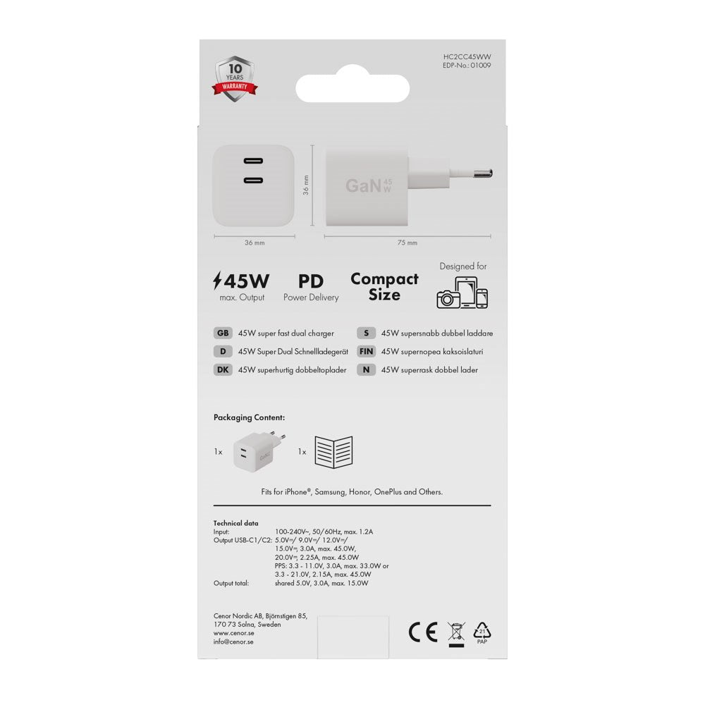 X2O GaN Vægoplader m. 2x USB-C - 45W - Hvid