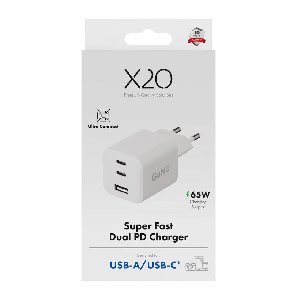 X2O GaN Vægoplader m. 2x USB-C & 1x USB-A - 65W - Hvid