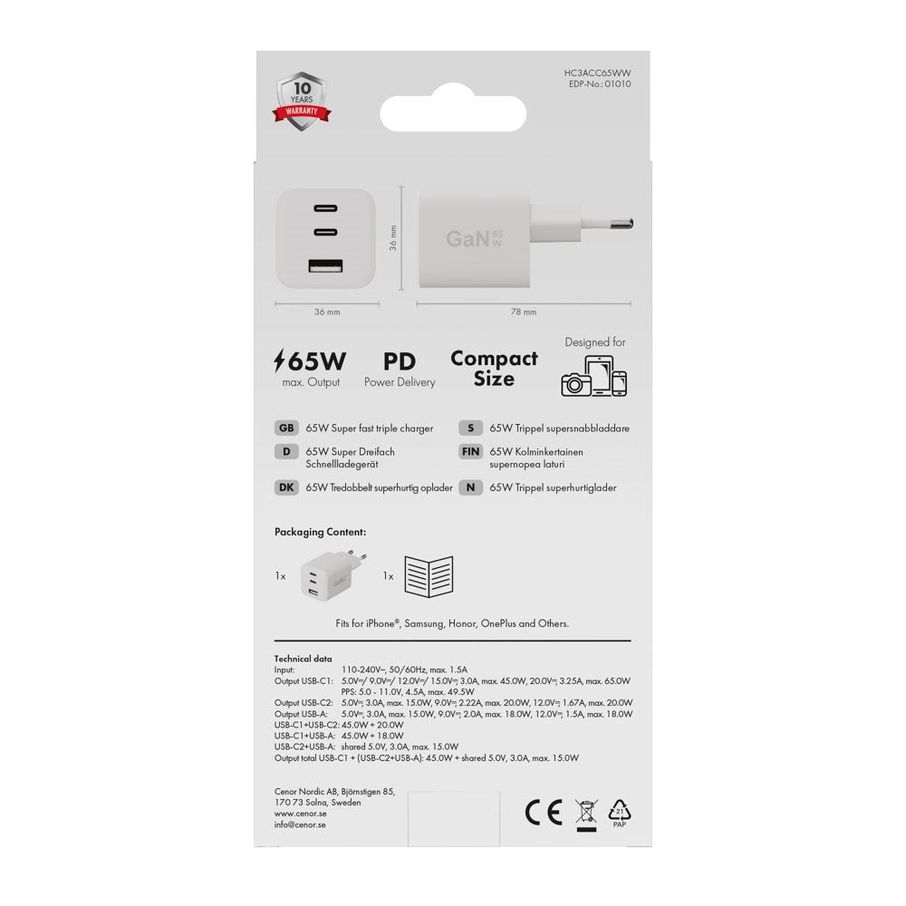 X2O GaN Vægoplader m. 2x USB-C & 1x USB-A - 65W - Hvid