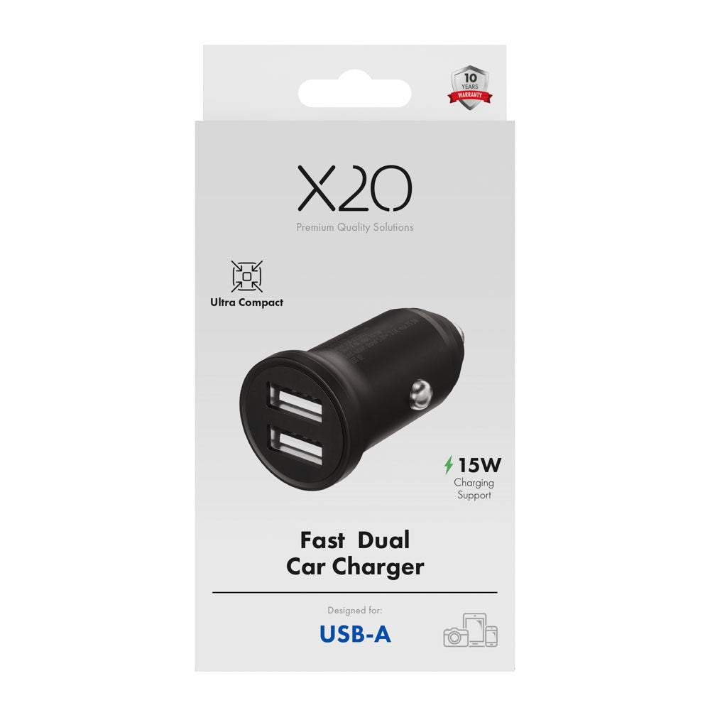 X2O Dobbelt Biloplader - 12W / USB-A - Sort