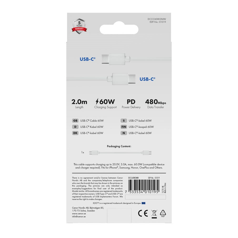 X2O Basic USB-C til USB-C Kabel - 2m / 60W - Hvid