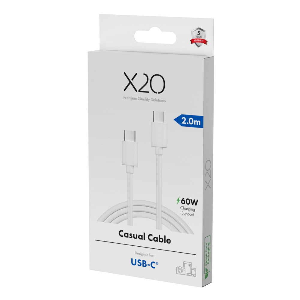 X2O Basic USB-C til USB-C Kabel - 2m / 60W - Hvid