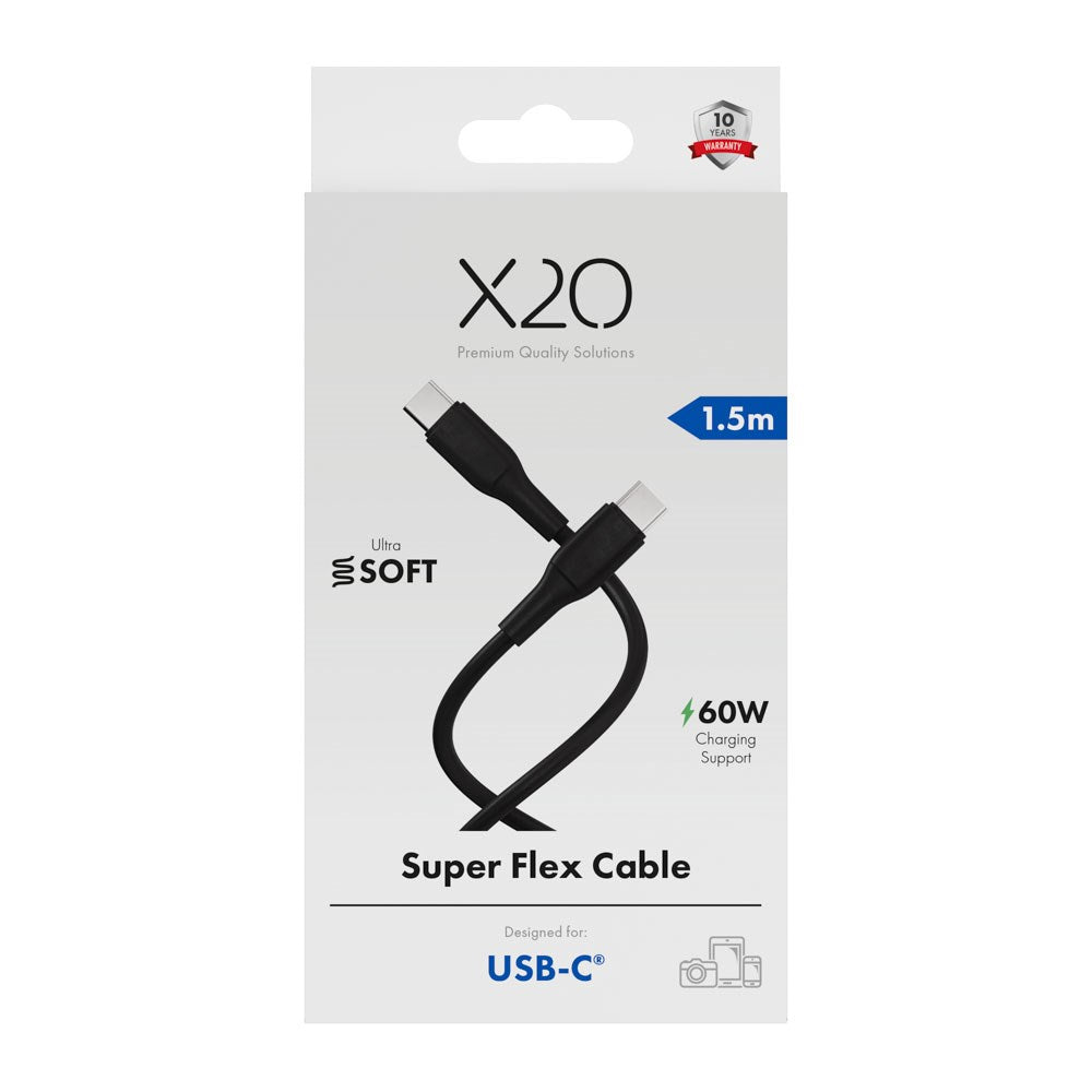 X2O Superflex USB-C til USB-C Kabel - 1.5m / 60W - Sort
