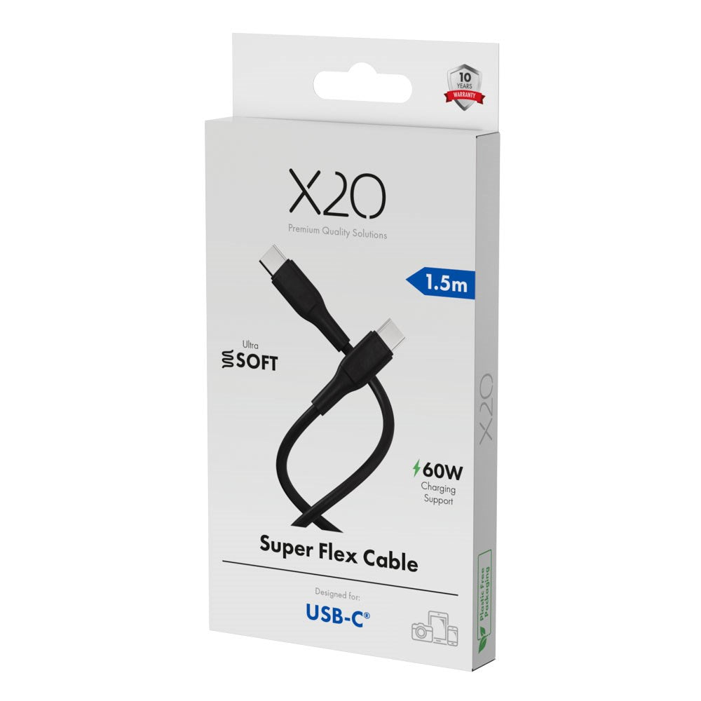 X2O Superflex USB-C til USB-C Kabel - 1.5m / 60W - Sort
