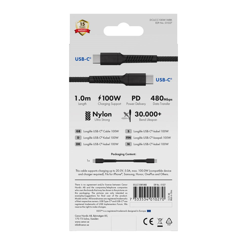 X2O Longlife USB-C til USB-C Kabel - 1m / 100W - Sort