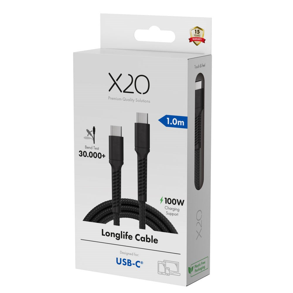 X2O Longlife USB-C til USB-C Kabel - 1m / 100W - Sort