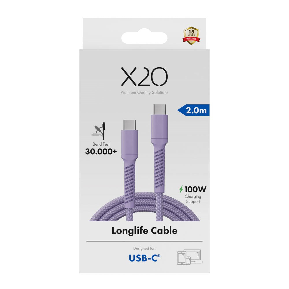 X2O Longlife USB-C til USB-C Kabel - 2m / 100W - Lilla