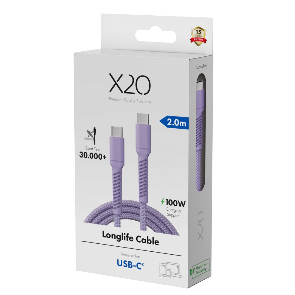 X2O Longlife USB-C til USB-C Kabel - 2m / 100W - Lilla
