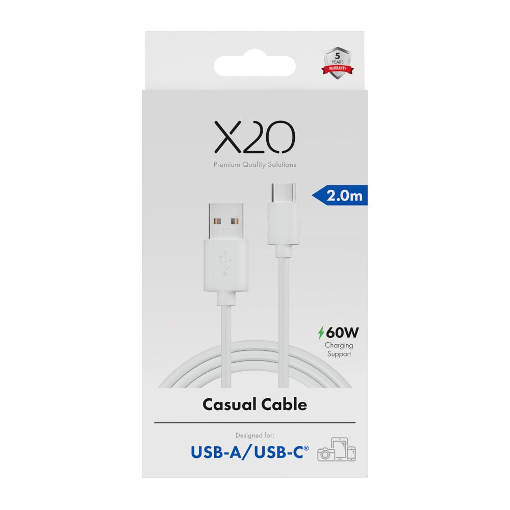 X2O Basic USB-A til USB-C Kabel - 2m / 60W - Hvid