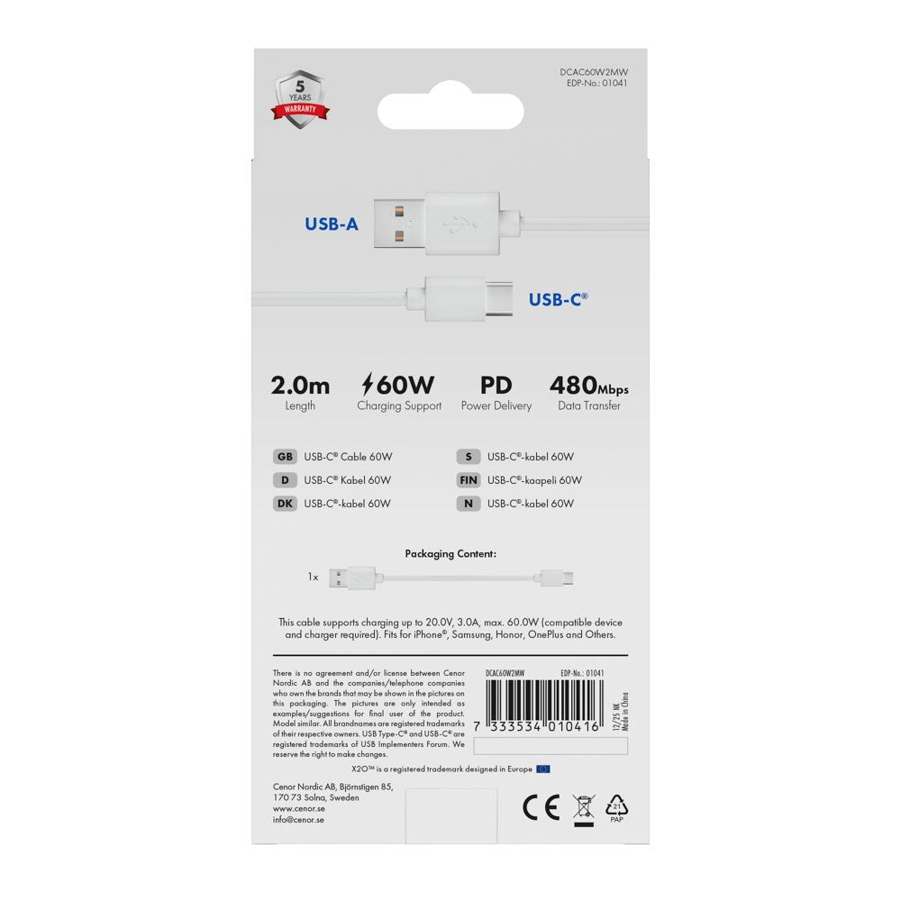 X2O Basic USB-A til USB-C Kabel - 2m / 60W - Hvid