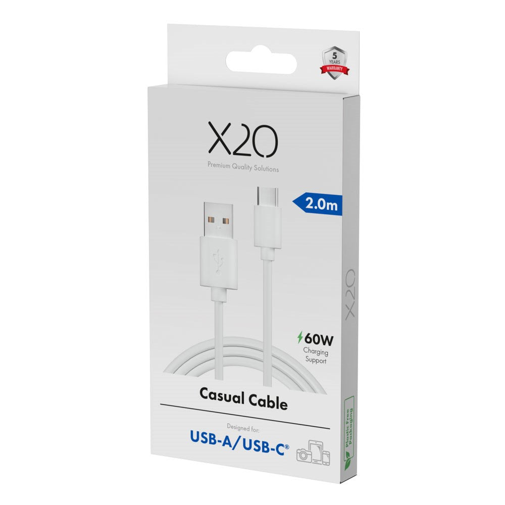 X2O Basic USB-A til USB-C Kabel - 2m / 60W - Hvid