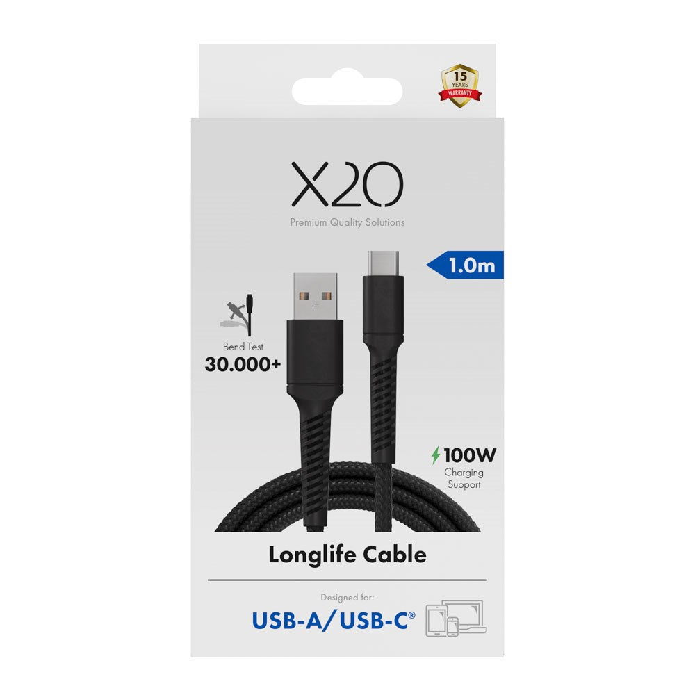 X2O Longlife USB-A til USB-C Kabel - 1m / 60W - Sort
