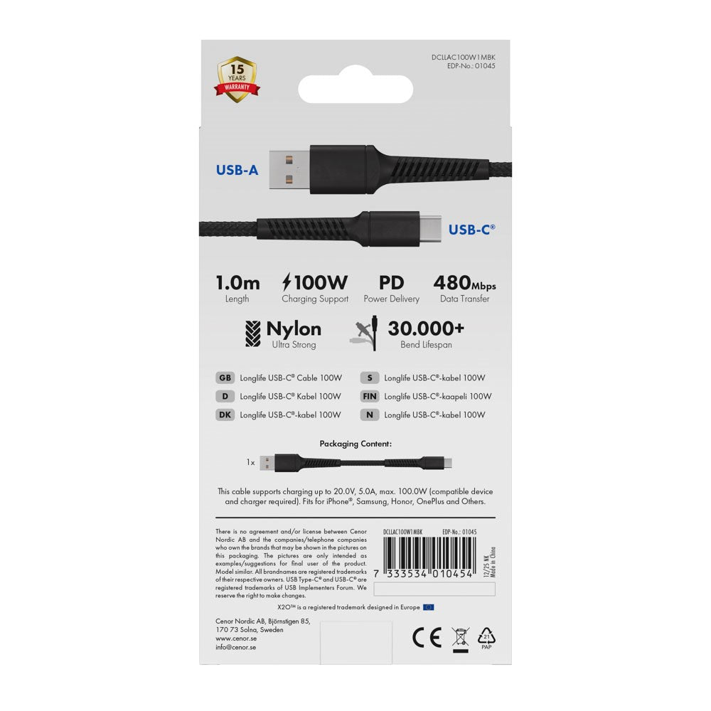 X2O Longlife USB-A til USB-C Kabel - 1m / 60W - Sort