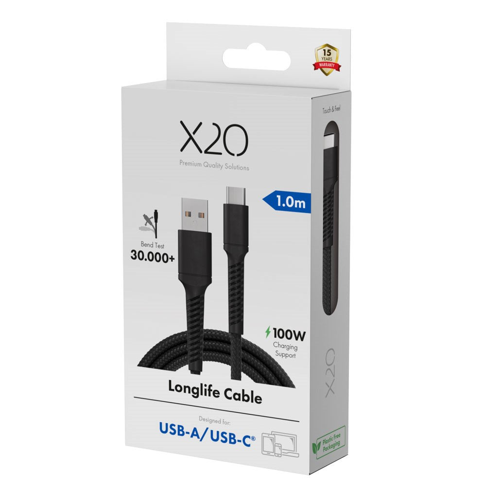 X2O Longlife USB-A til USB-C Kabel - 1m / 60W - Sort