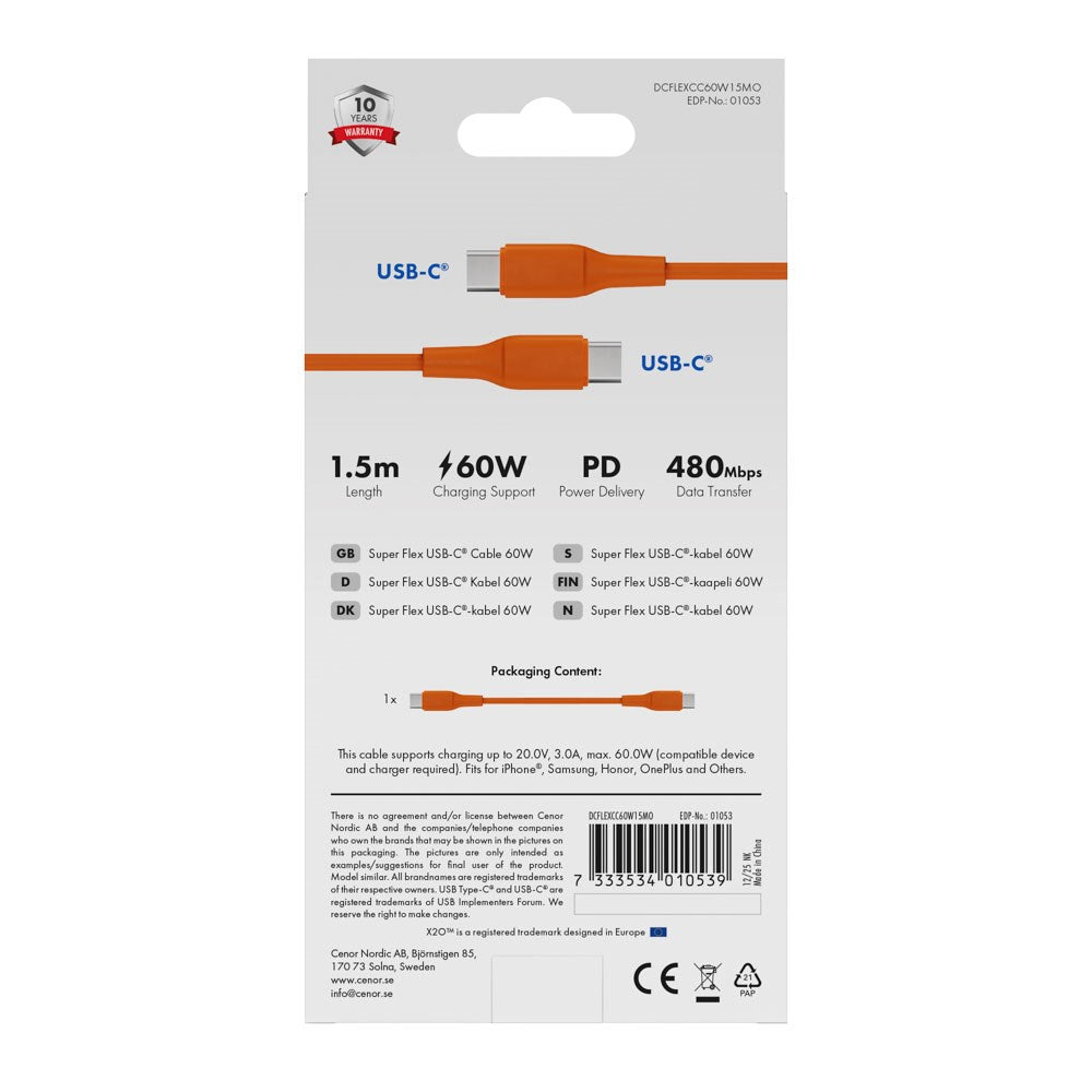 X2O Superflex USB-C til USB-C Kabel - 1.5m / 60W - Orange
