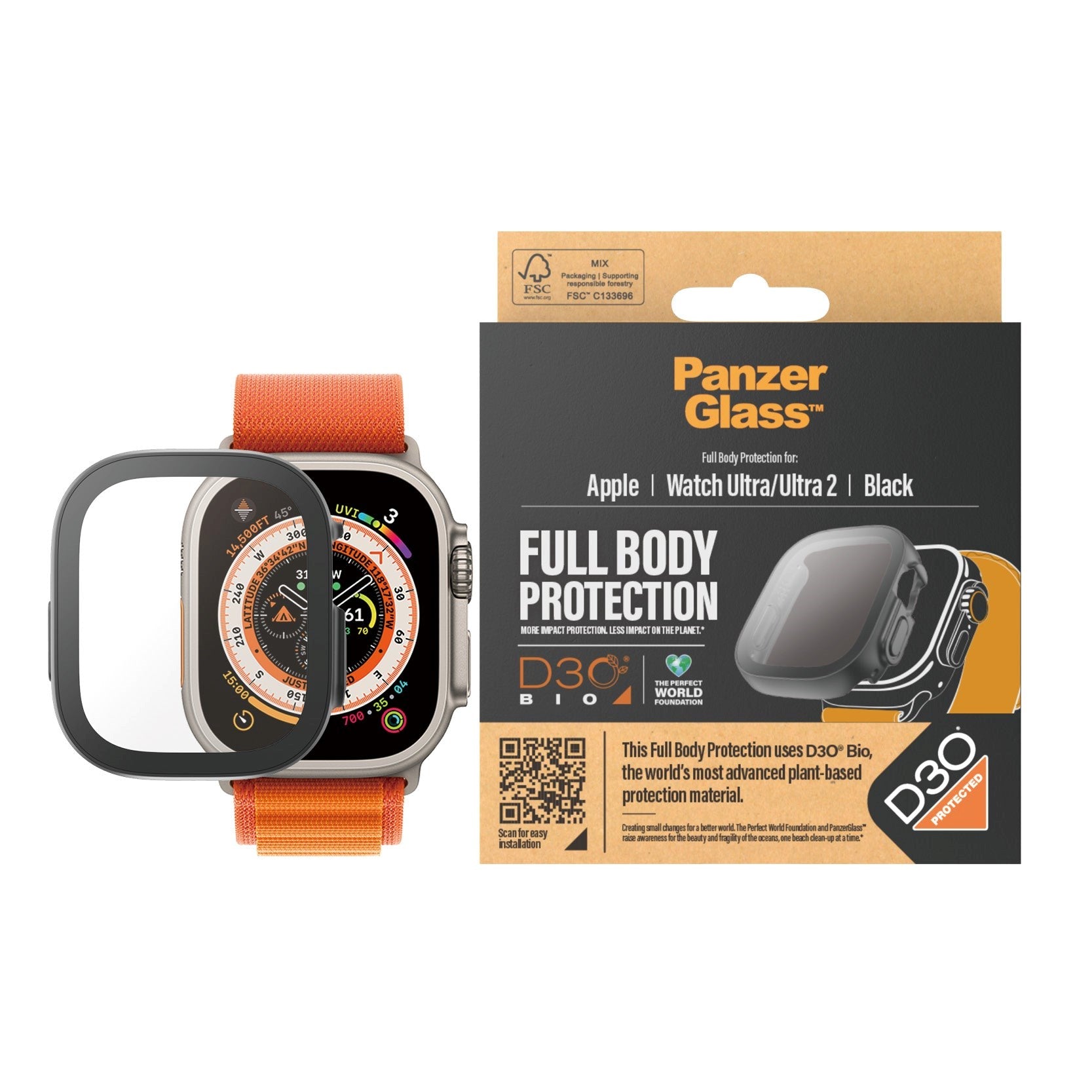 PanzerGlass Apple Watch Ultra 3/2/1 (49mm) Full Body D3O Bio Protection Cover m. Indbygget Skærmbeskyttelse - Sort