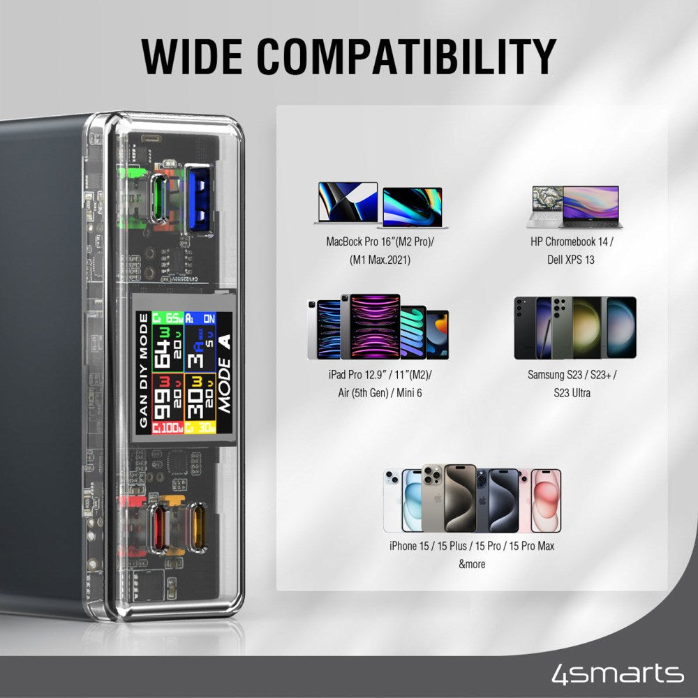 Bordoplader - 210W / 3x USB-C & 1x USB-A - 4smarts Lucid GaN DIY Mode - Grå