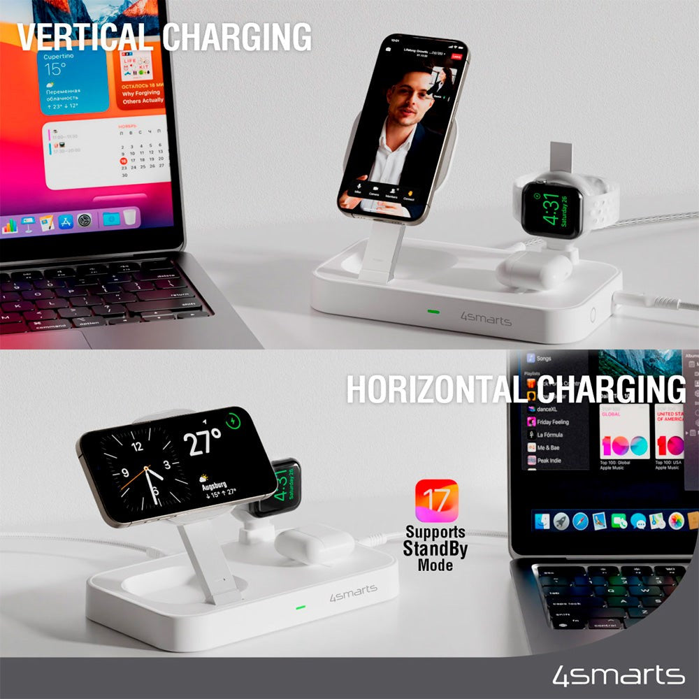 4smarts Qi2 Trådløs Oplader 15W m. Apple Watch Stick - MagSafe Kompatibel - Hvid