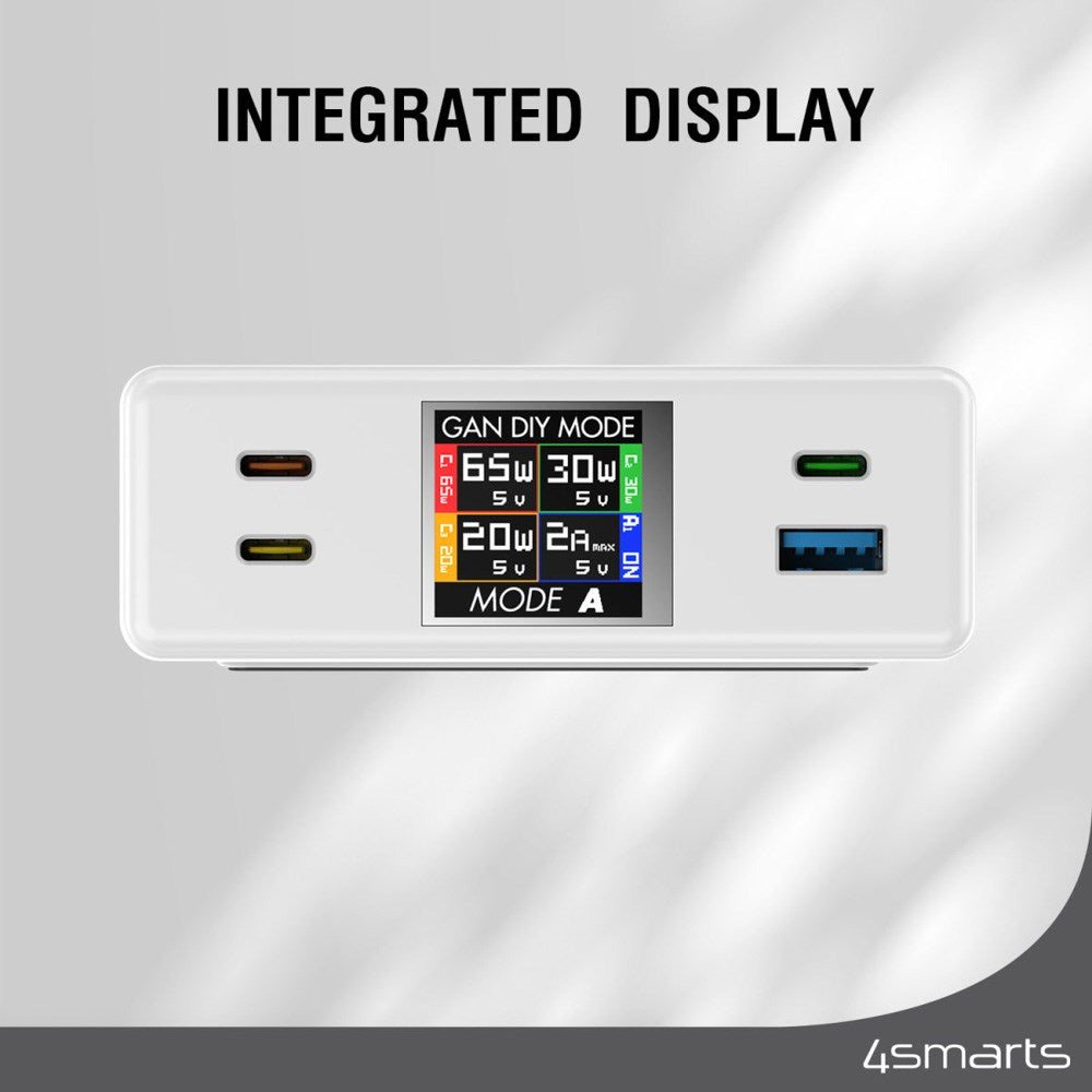 Bordoplader - 130W / 3x USB-C & 1x USB-A - 4smarts GaN DIY Mode - Hvid