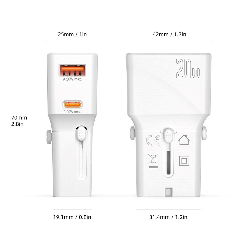 4smarts World Rejseadapter m. 1 x USB-A & 1 x USB-C - Hvid