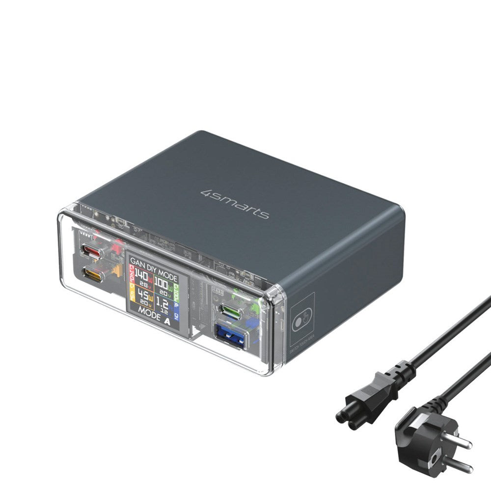 Bordoplader - 300W / 3x USB-C & 1x USB-A - 4smarts Lucid GaN DIY Mode - Grå