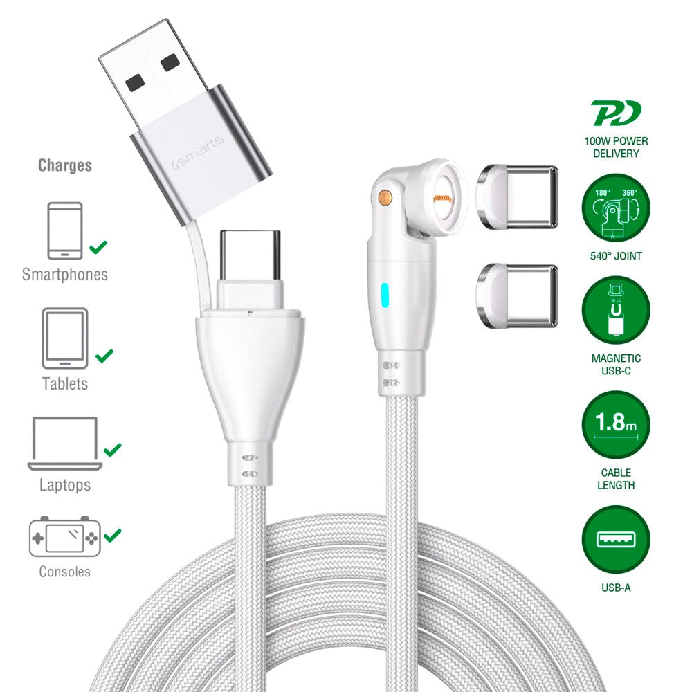 Magnetisk Kabel m. USB-C/A - 4smarts - 100W - 1.8m - Hvid