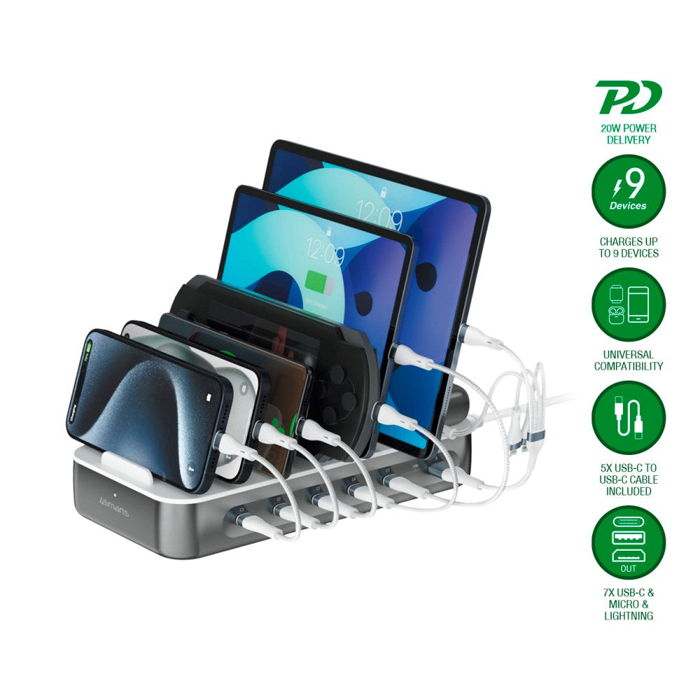 Opladningsstation m. 9 Opladningsmuligheder - 4smarts - 5x USB-C Kabel & 1x 4-i-2 Multikabel - 100W - Grå / Hvid