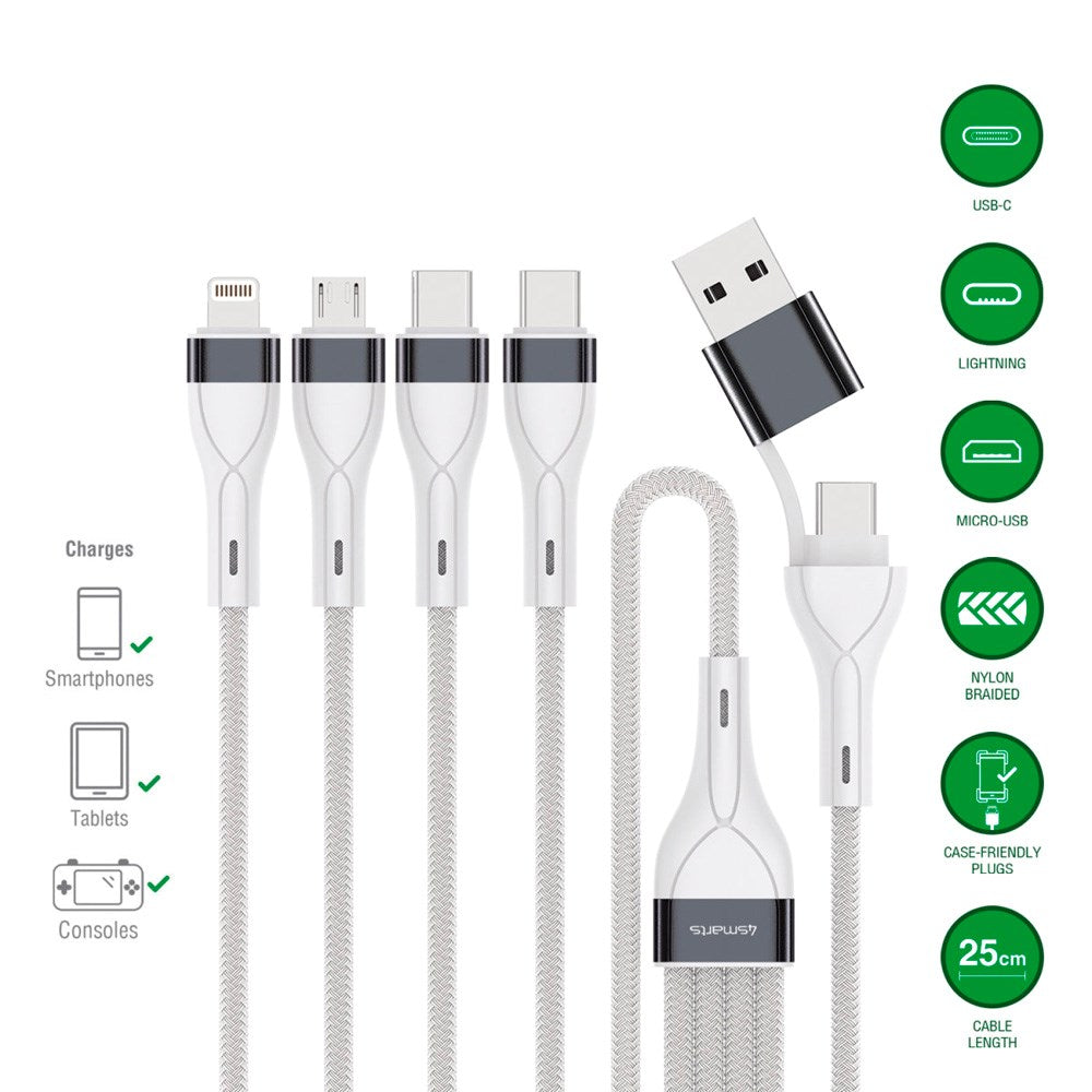 4-i-2 Multiopladningskabel - 4smarts - USB-C / USB-A / Lightning / Micro USB - 25cm - Hvid