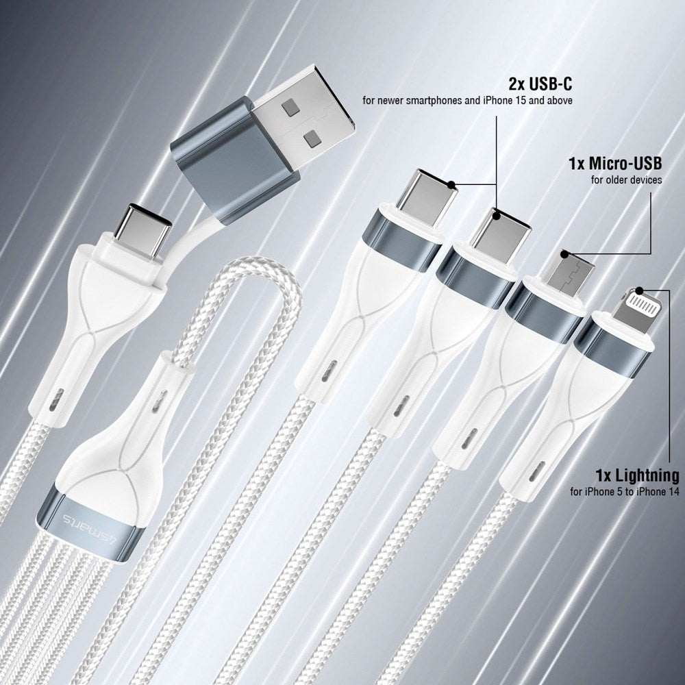4-i-2 Multiopladningskabel - 4smarts - USB-C / USB-A / Lightning / Micro USB - 25cm - Hvid