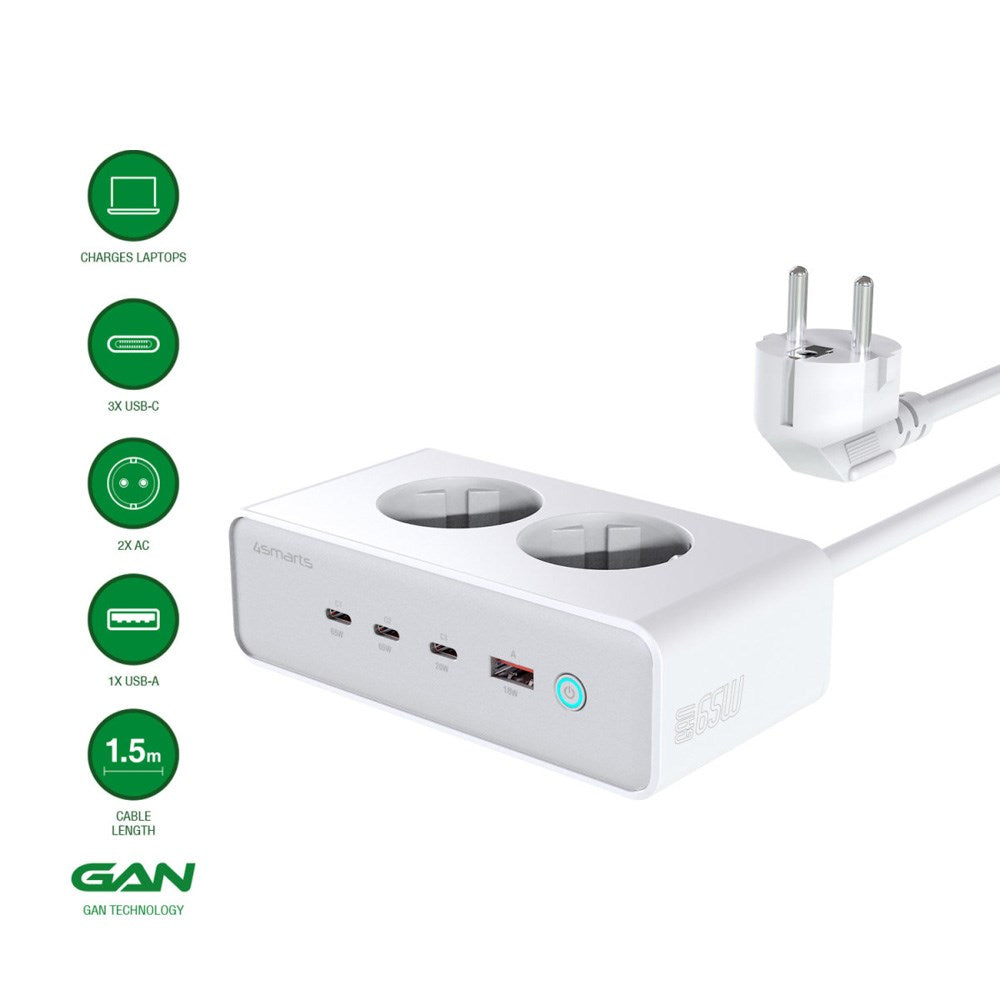 6-i-1 Bordoplader - 4smarts - 65W - 2x AC-stik / 3x USB-C / 1x USB-A - Hvid