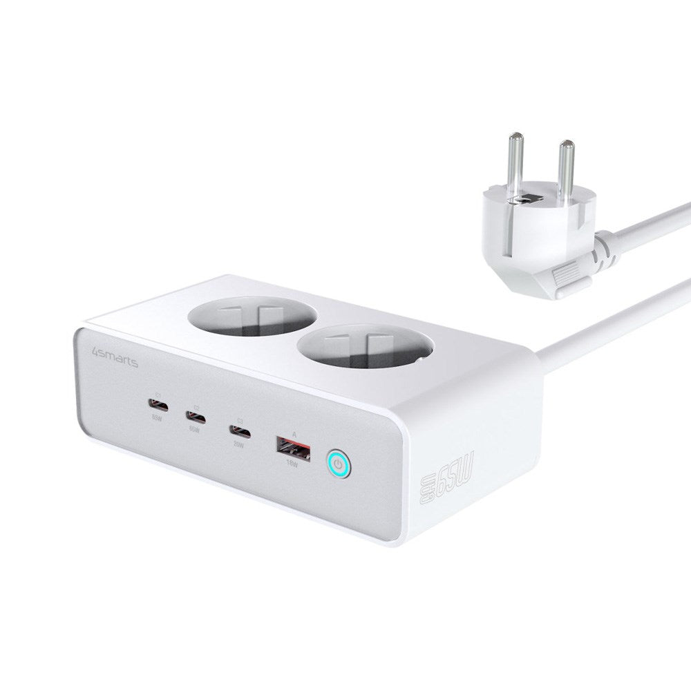 6-i-1 Bordoplader - 4smarts - 65W - 2x AC-stik / 3x USB-C / 1x USB-A - Hvid