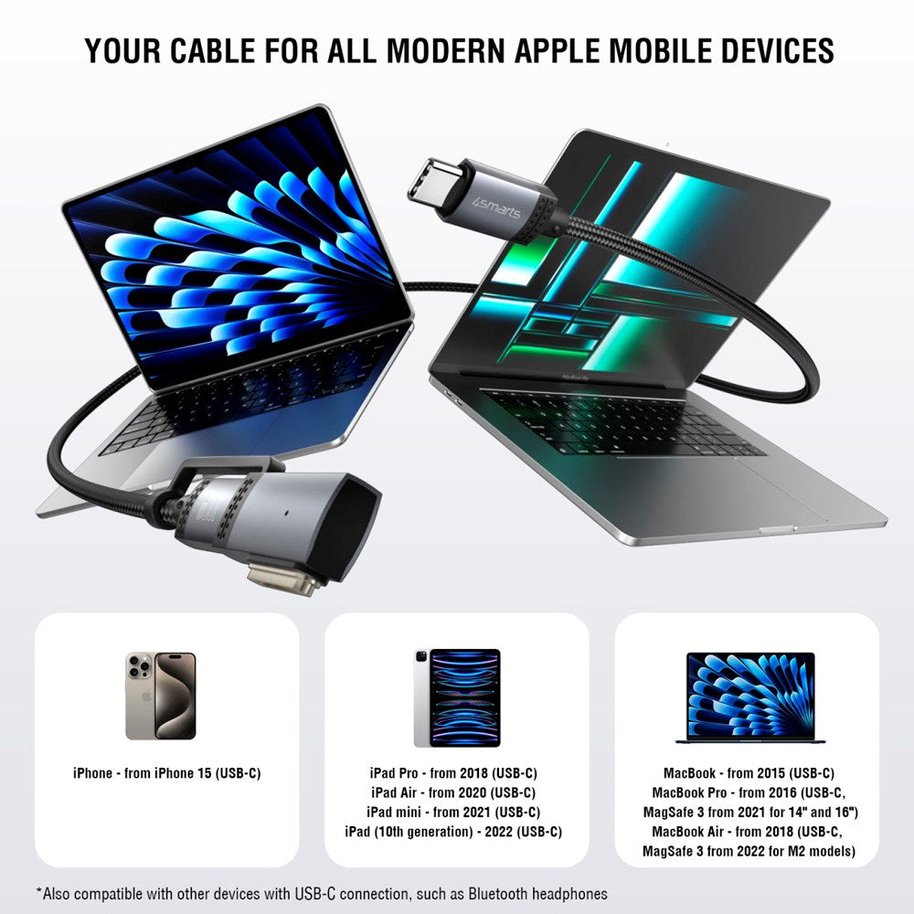 2-i-1 Opladningskabel - 4smarts - USB-C Kabel & MagSafe 3 Adapter - 100W / 2m - Sort