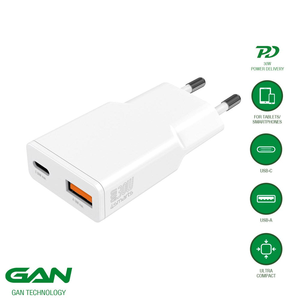 2-i-1 Vægoplader - 4smarts - 18W USB-A / 30W USB-C - Hvid